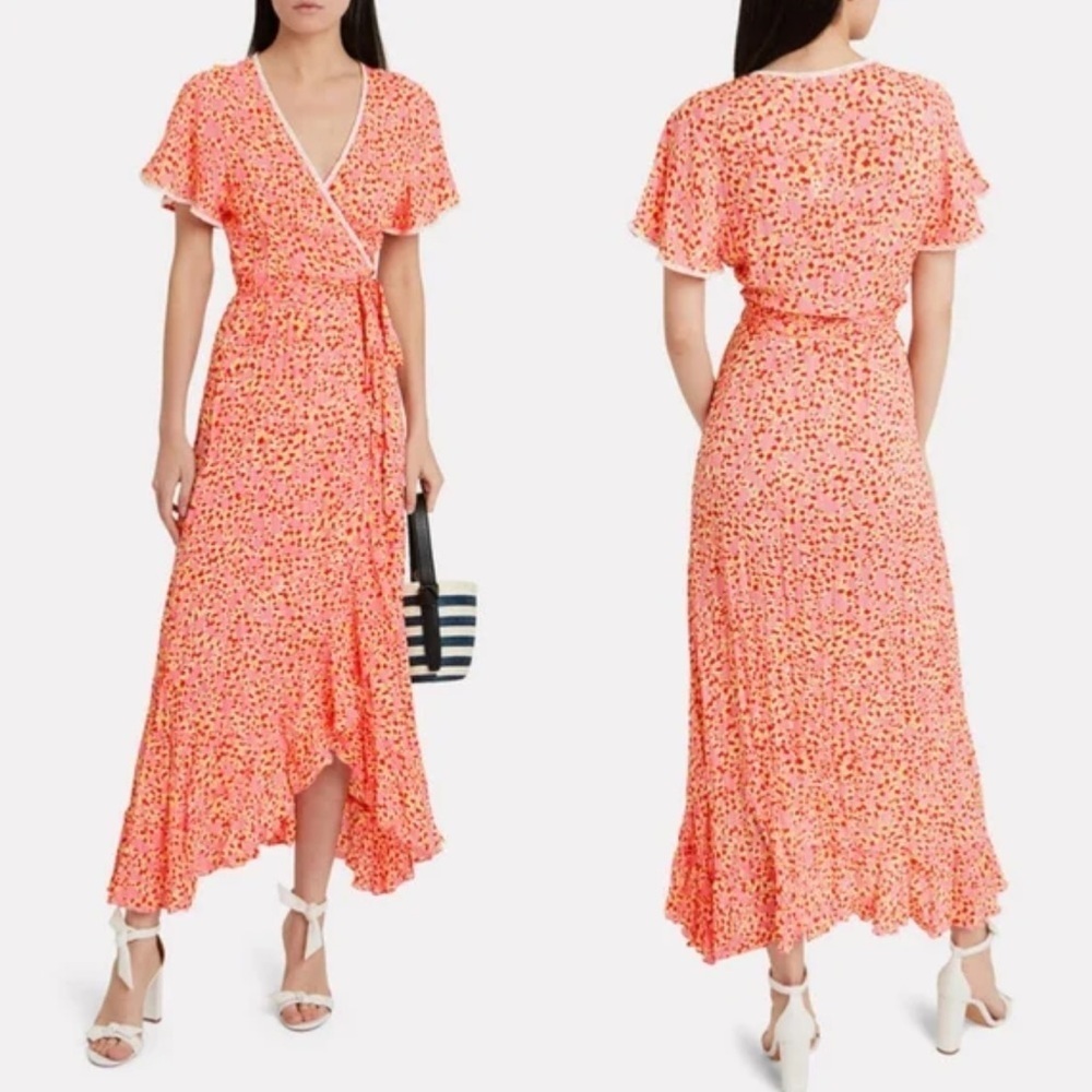Poupette St Barth Joe Pink Papillion Short Sleeve Viscose Maxi Wrap Dress EUC M